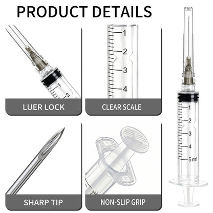 5ml Syringe with 25G 1inch (25mm) Needle - 50 Pack | Disposable Luer Lock Syringes for Industrial, Lab & Pet Use | EO Sterile, Individually Wrapped