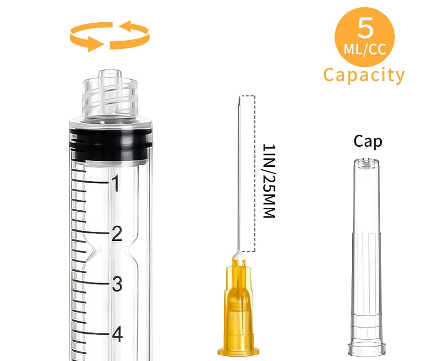 100 Pack 5ml Syringe with 25G Needle | Sterile Disposable Luer Lock Syringes