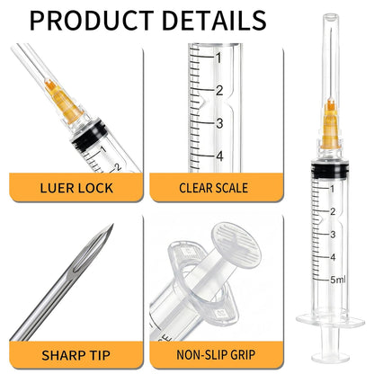 100 Pack 5ml Syringe with 25G Needle | Sterile Disposable Luer Lock Syringes