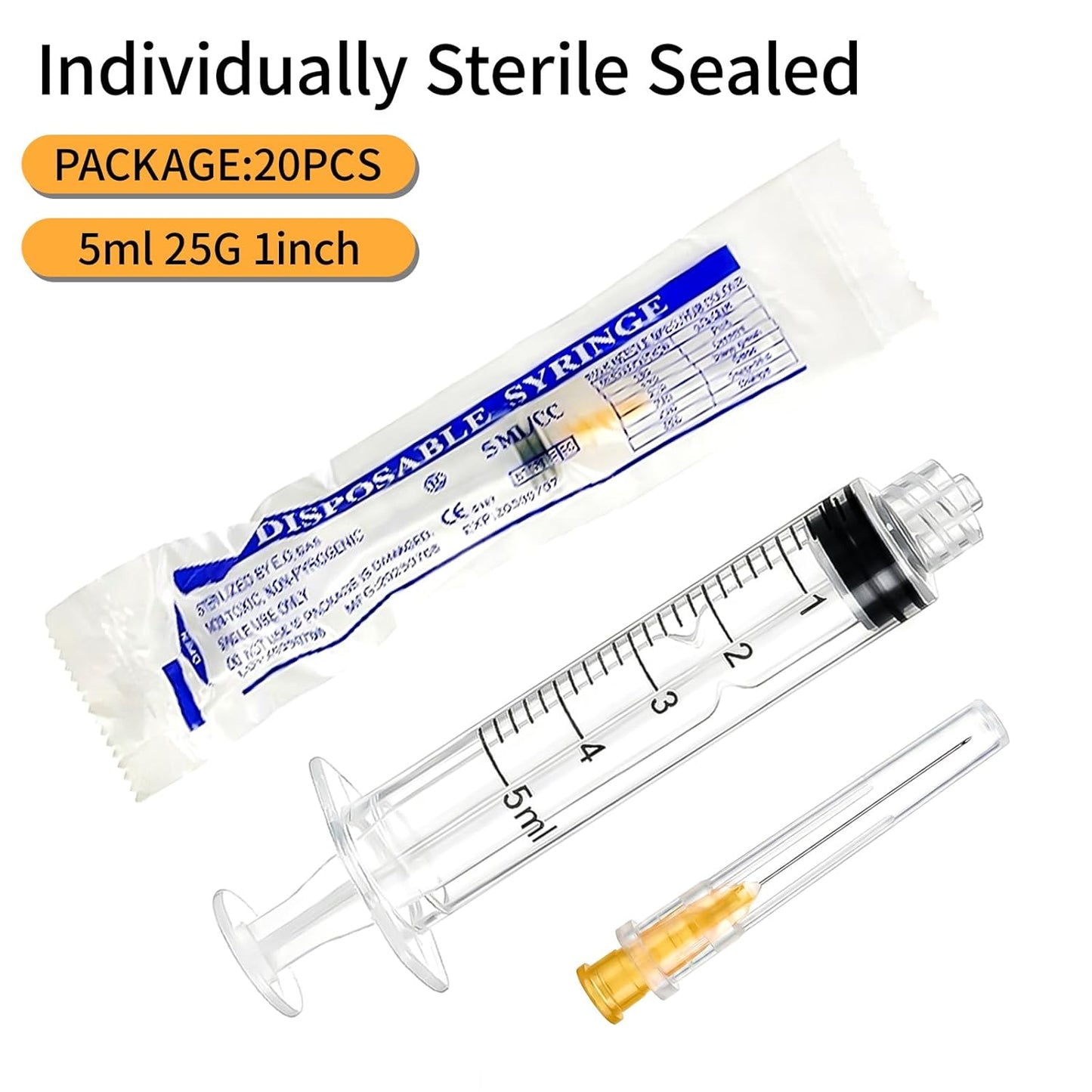 100 Pack 5ml Syringe with 25G Needle | Sterile Disposable Luer Lock Syringes